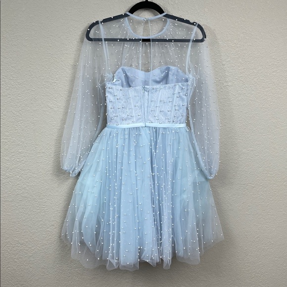 New Mac Duggal Sample Fit Flare Mini Corset Dress Light Blue Pearl Accent Sz 2 - Picture 6 of 14